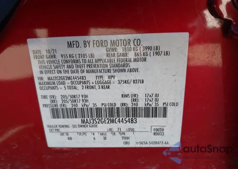 2021 Ford Ecosport Se z USA, uszkodzony, nr VIN MAJ3S2GE2MC445483